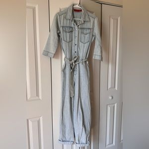 Jennifer Lopez Belted Denim Jumper Jumpsuit Light Blue, size XS